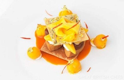 Caramel mille feuille, mango and gold leaf press and crystallised chilli