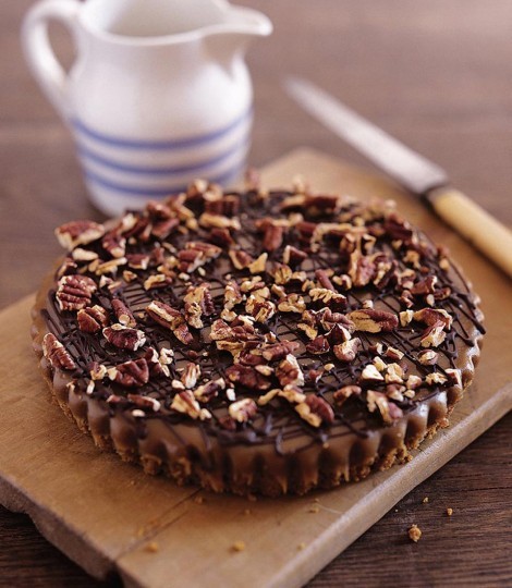 Caramel, pecan and dark chocolate tart