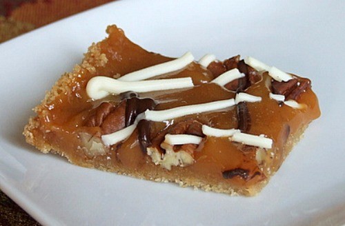 Caramel pecan bars with chocolate drizzle