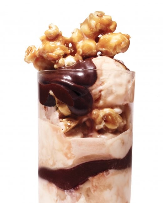 Caramel-popcorn hot-fudge sundaes