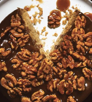 Caramel-walnut upside-down banana cake