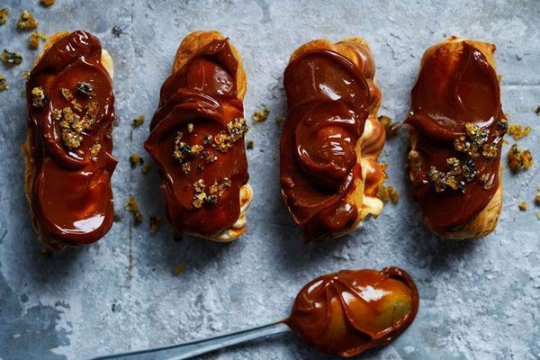 Caramel, white chocolate & sesame eclairs