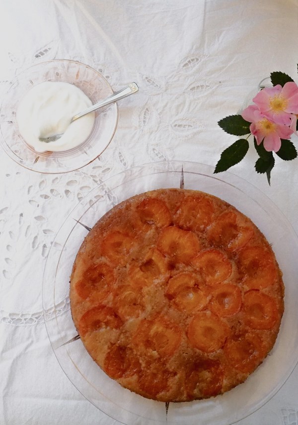 Caramelised apricot, almond & orange blossom upside-down cake 