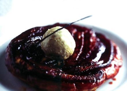Caramelised baked banana tart with Pontefract liquorice ice cream