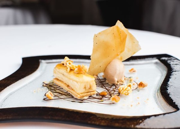 Caramelised banana mille-feuille with praline ice cream and toffee popcorn
