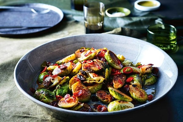 Caramelised Brussels sprouts with Chinese sausages