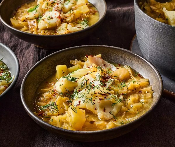 Caramelised cabbage & cod soup