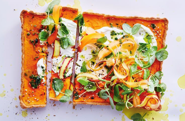 Caramelised carrot tart with carrot top salsa verde