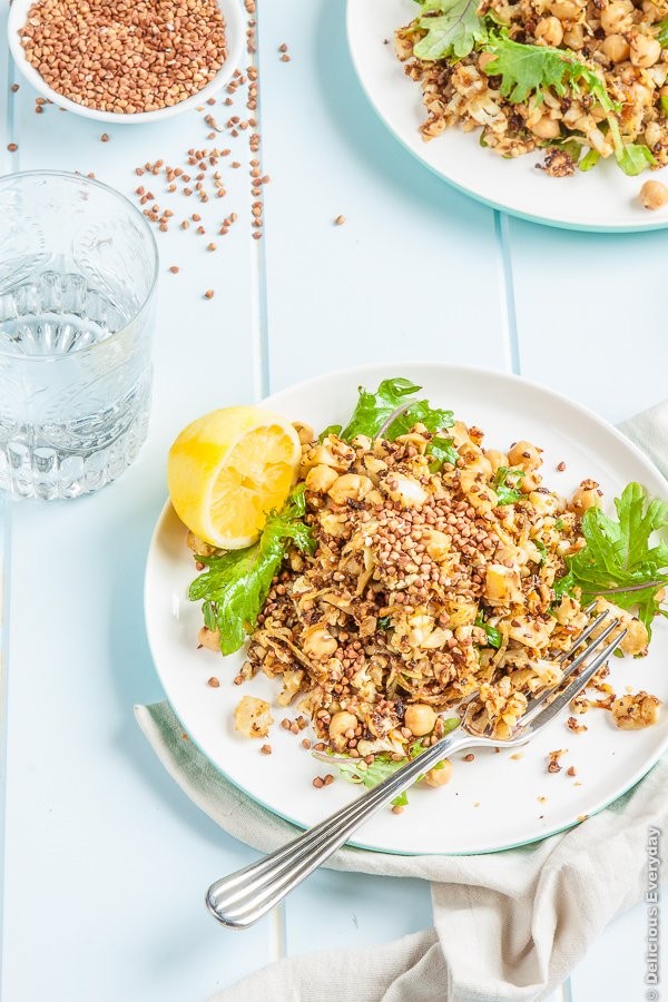 Caramelised cauliflower with chickpeas, baby kale, lemon & toasted buckwheat