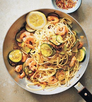 Caramelised courgette & king prawn pasta