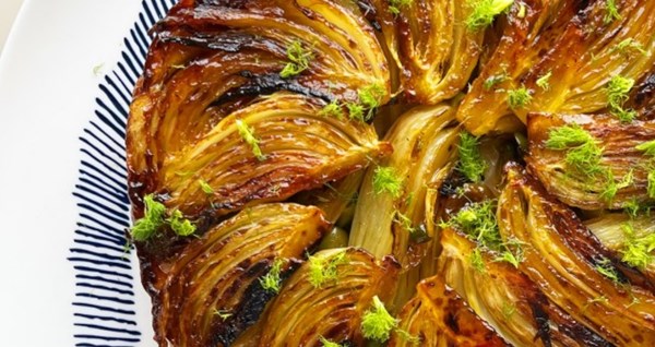 Caramelised fennel and grape tart Tatin with saffron and olives