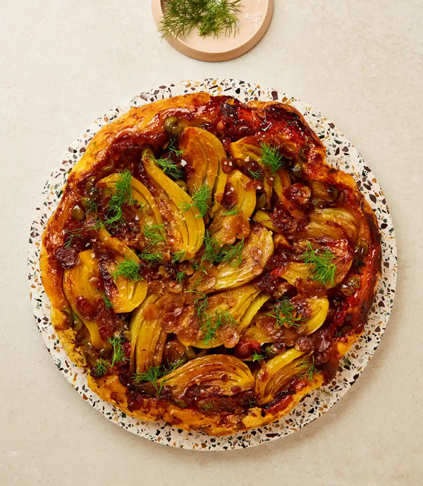Caramelised fennel and grape tarte Tatin