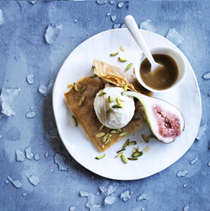Caramelised fig, pistachio and filo sundae with brown sugar caramel