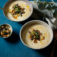 Caramelised Jerusalem artichoke soup with prune and walnut pesto
