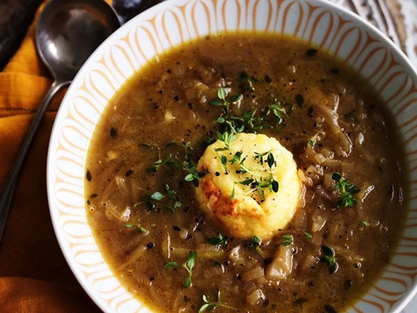 Caramelised onion & fennel soup with twice-baked cheese soufflés