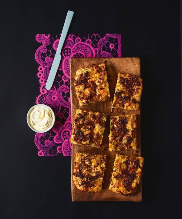 Caramelised onion & zucchini muffin focaccia