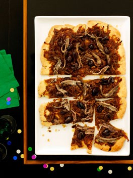 Caramelised onion, anchovy and olive tart