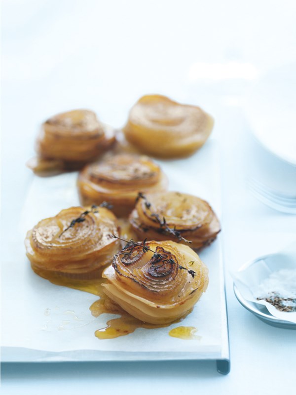 Caramelised onion and potato stacks