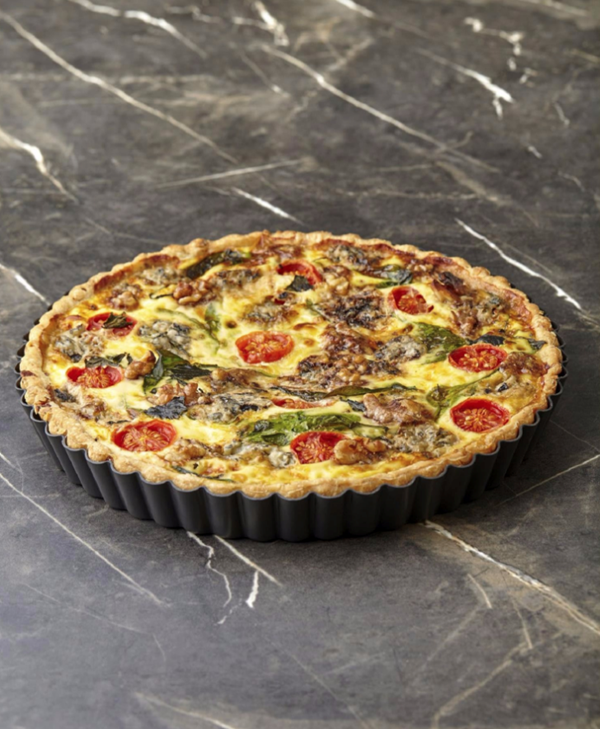 Caramelised onion, blue cheese and walnut quiche