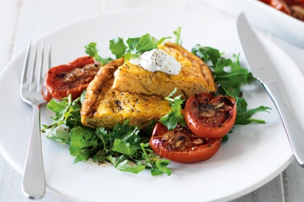Caramelised onion frittata with roasted garlic tomatoes