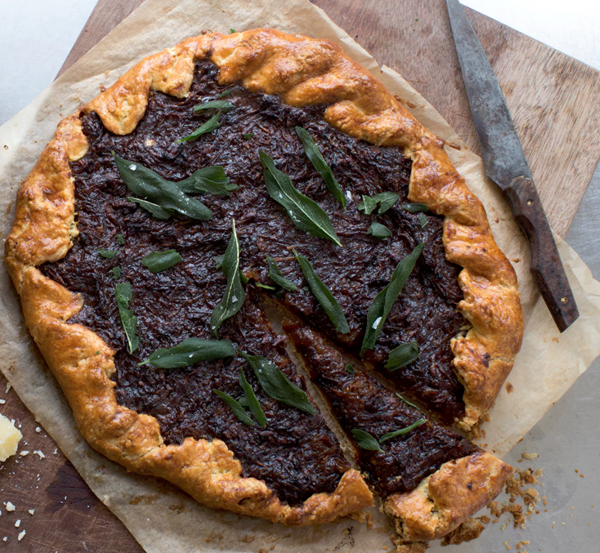 Caramelised onion galette with fried sage