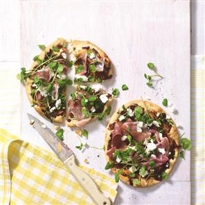 Caramelised onion pastry pizzas with Parma ham