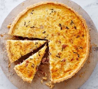 Caramelised onion quiche with cheddar and bacon