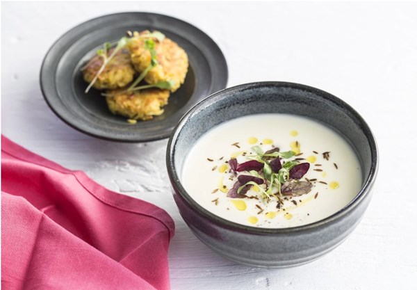 Caramelised parsnip & coconut soup with parsnip bhajis [Chantelle Nicholson]