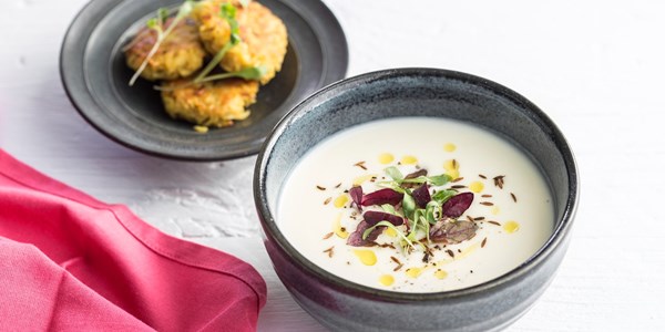 Caramelised parsnip and coconut soup with parsnip bhajis