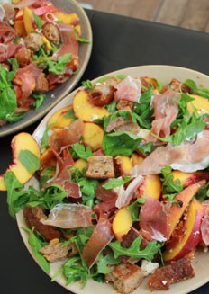 Caramelised peach salad with rocket, Wensleydale, Parma ham and sourdough croutons