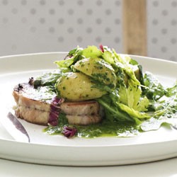 Caramelised pickled pork with celery heart salad and parsley vinaigrette