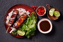 Caramelised pork belly skewers