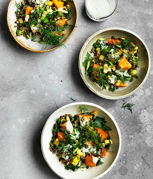 Caramelised pumpkin, corn and lentil bowl