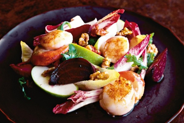 Caramelised scallops with pancetta, beetroot, walnuts and chicory