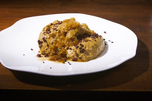 Caramelised white chocolate and miso mousse with espresso tequila granita