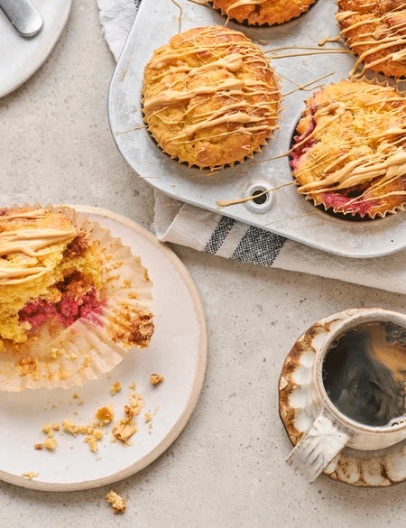 Caramelised white chocolate and raspberry muffins