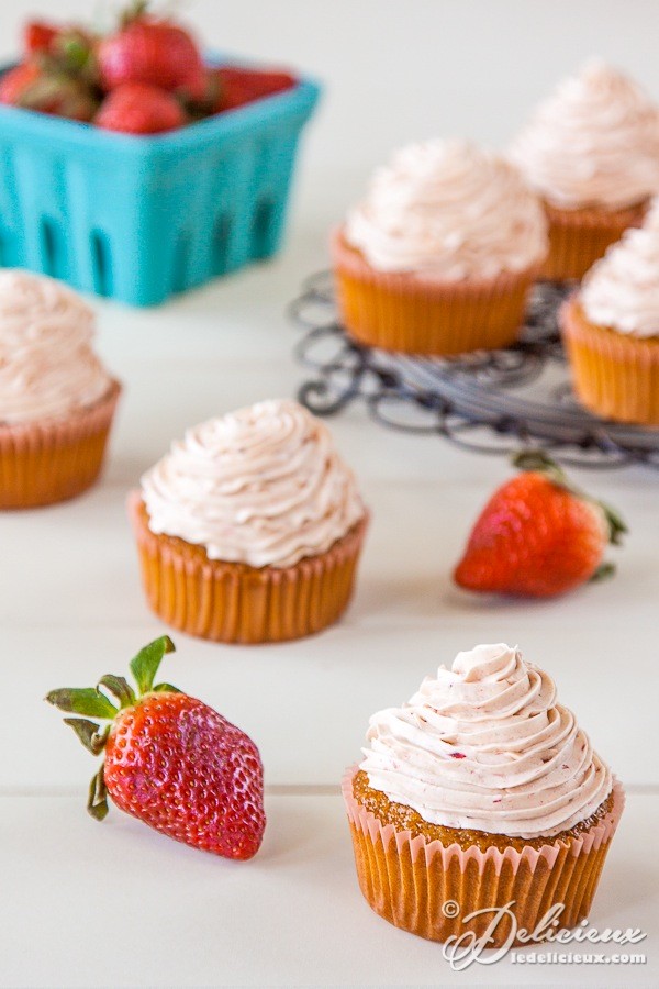 Caramelised white chocolate cupcakes with roasted strawberry buttercream
