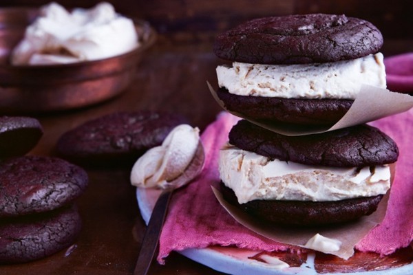 Caramelised white chocolate ice cream & brownie sandwiches