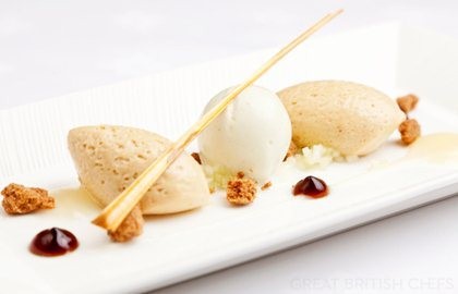 Caramelised white chocolate mousse with variations of apple, muscovado and cinnamon