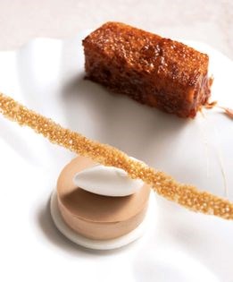 Caramelito parfait with sesame halva, horchata panna cotta, and yuzu sorbet