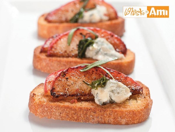 Caramelized apple and blue cheese crostini