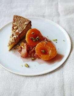 Caramelized apricots with pistachio nuts & peach sauce