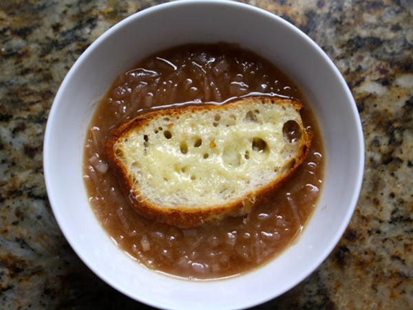 Caramelized balsamic-red onion soup with cheese-topped croutons