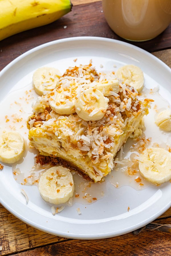 Caramelized banana cheesecake stuffed coconut French toast casserole