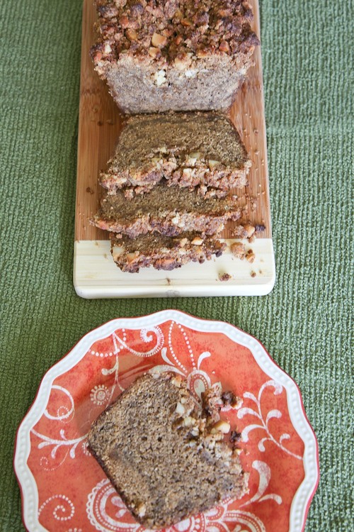 Caramelized banana rum bread with macadamia crumb topping