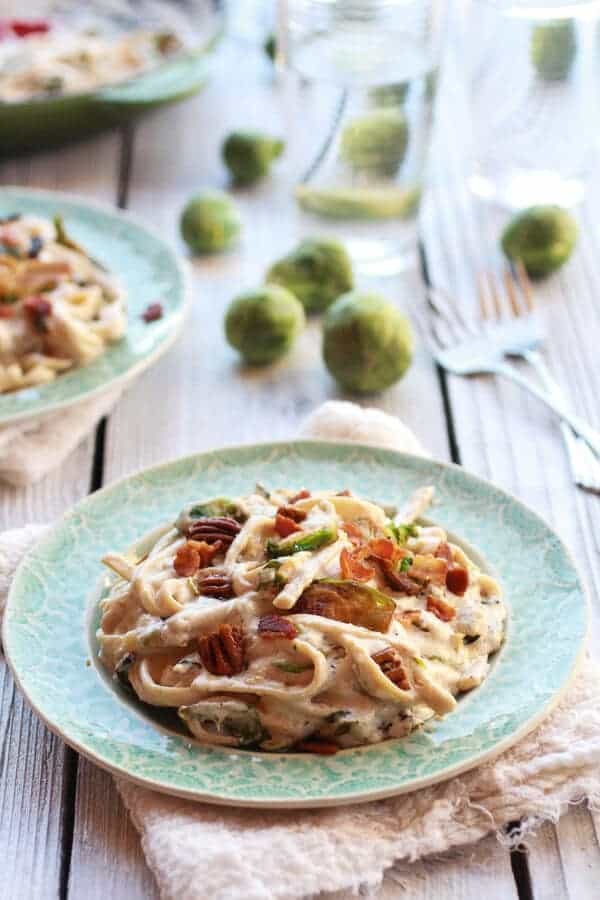 Caramelized Brussels sprouts and bacon fettuccine Alfredo