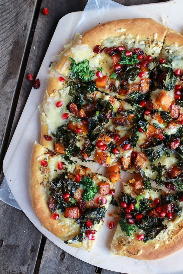 Caramelized butternut, crispy kale + Fontina pizza with pomegranate salsa