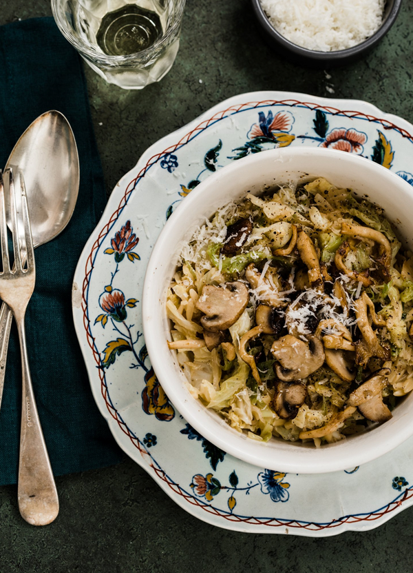 Caramelized cabbage & orzo risotto with buttery sautéed mushrooms