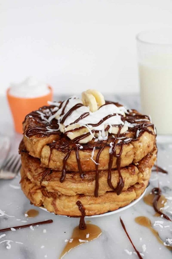Caramelized coconut banana bread waffle French toast