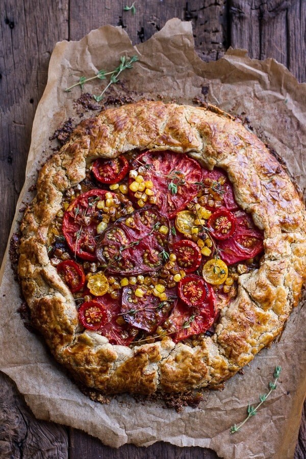 Caramelized corn and heirloom tomato galette w/herbed roasted garlic goat cheese